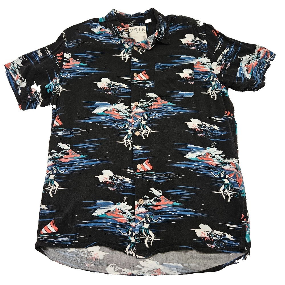 VSTR Premium Mens Black Tropical Island Hula Dancer Rayon Button Down Shirt Sz M